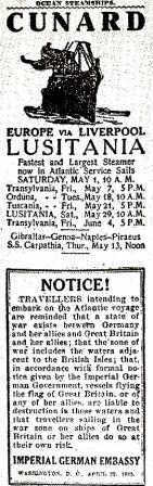 Lusitania newspaper advert and warning