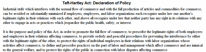 Taft-Hartley Act: Declaration of Policy
