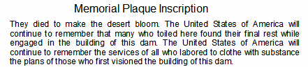 Hoover Dam Memorial Plaque inscription
